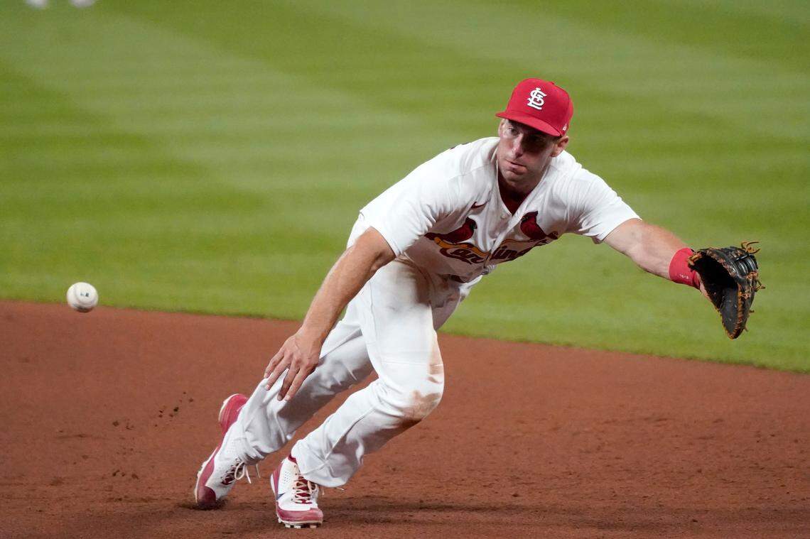 St. Louis Cardinals first baseman Paul Goldschmidt dives but is unable to reach a double by Cincinnati Reds’ Joey Votto during the ninth inning of a baseball game Thursday, Aug. 20, 2020, in St. Louis. (AP Photo/Jeff Roberson)