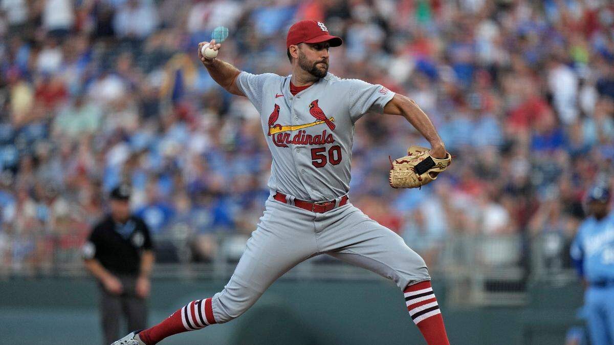 St. Louis Cardinals starting pitcher Adam Wainwright throws during the first inning against the Kansas City Royals on Friday, Aug. 11, 2023, in Kansas City, Missouri. Wainwright struggled again and was saddled with the loss while remaining two games shy of 200 career victories.