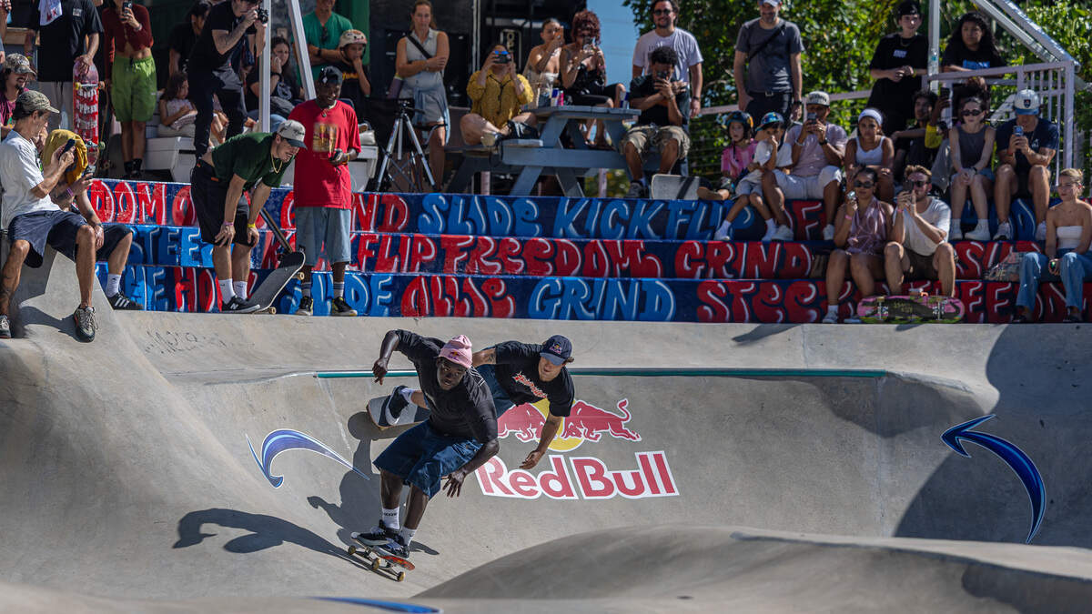 Alex Sorgente, left, professional skateboarder and event organizer, and Zion Wright, right, professional skateboarder, kick off the finals with a run during the Concrete Heats event at SkateBird Miami in Miami, Fla., on Sunday, June 21, 2026.