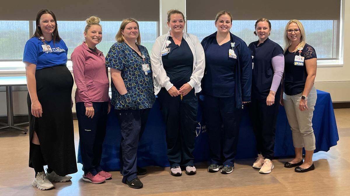 Allison Zbinden, RN; Dee Jett, RN; Stephanie Huelsmann, RN; and Erin Miller, RN; completed their registered nurse (RN) residency program through HSHS St. Joseph’s Hospital Highland. The 18-week residency provides new graduate registered nurses with a robust orientation, additional education and support as they transition into the workplace as a professional nurse. Pictured From Left to right, Courtney Holtgrave, Nurse Educator; Lyndsey Gelly, RN team lead for inpatient care; Allison Zbinden, RN; Dee Jett, RN; Stephanie Huelsmann, RN; Erin Miller, RN; Michelle Herzberg, director of nursing for inpatient care.