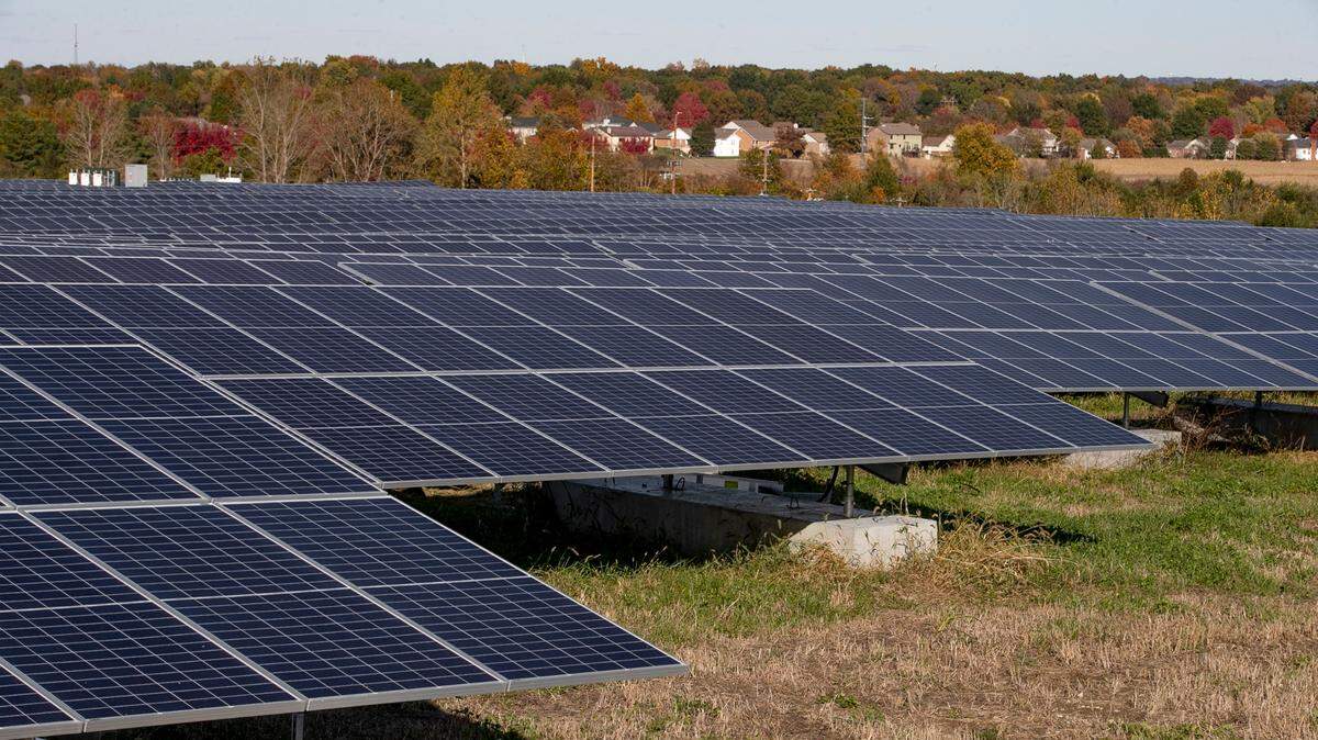 A solar array has been built off of Park Road in Belleville. Homes from the neighboring subdivision can be seen in the distance. The 13-megawatt solar field can generate enough energy to power nearly 2,000 homes.