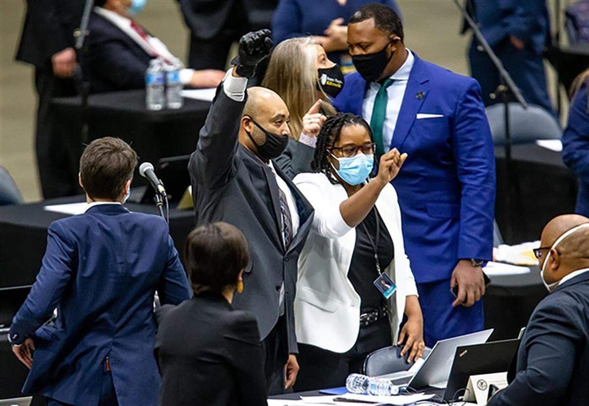 Rep. Justin Slaughter, D-Chicago, is pictured on the floor of the Bank of Springfield Center which served as the state House chamber in January 2021 amid the passage of the SAFE-T Act criminal justice reform.
