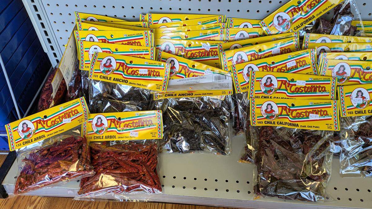 A variety of dried chiles available at La Patrona