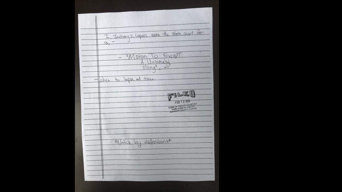 This is the last of three motions filed Feb. 12 by Zachary Capers, who is charged with four counts of first-degree murder in the March stabbing deaths of Edwardsville residents Lois and Michael Ladd.
