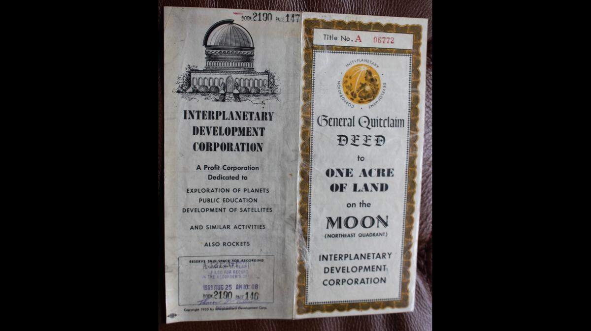 Nancy Munie’s uncle, H.W. “Dick” Miller, gave her this quitclaim deed to an acre of land on the moon in 1955 as a Christmas gift. She was 5 years old at the time.