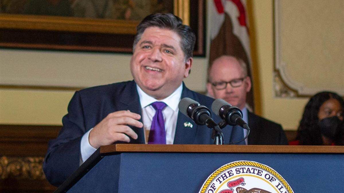 Gov. J.B. Pritzker’s speaking from the Illinois State House in Springfield.