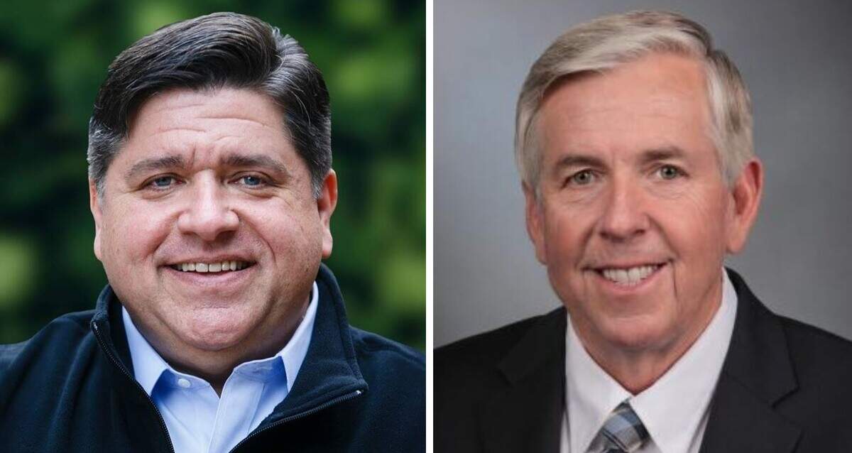 Illinois Gov. J.B. Pritzker, left, issued a statewide order for residents to stay at home, while Missouri Gov. Mike Parson has allowed cities and counties to make key decisions related to coronavirus.