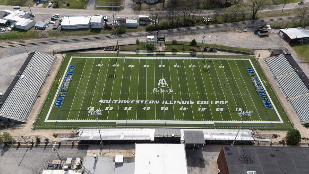 This drone photo from March 27 shows the football field at the Southwestern Illinois Justice and Workforce Development Campus in Belleville. The city installed new artificial turf in 2023.