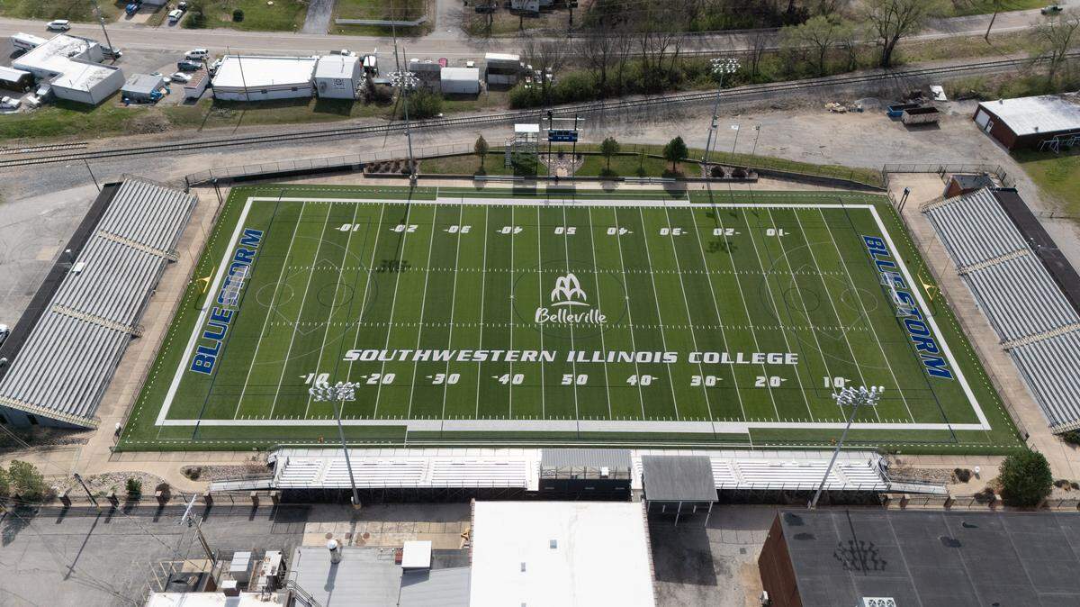 This drone photograph, taken on March 27, shows the football field at the Southwestern Illinois Justice and Workforce Development Campus. SWIC has yet to confirm if this is where its new football team will play.