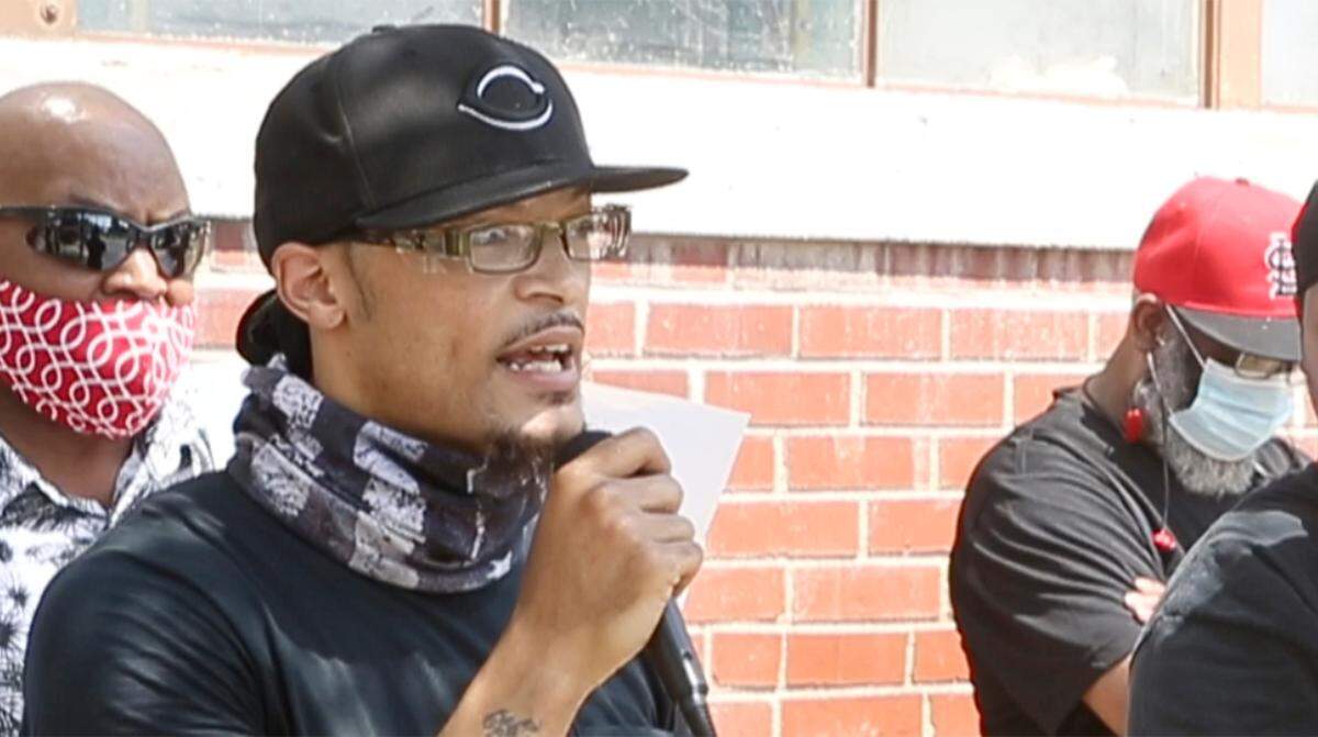 Former Empire Comfort Systems employee Jeffrey “J.D.” Dixon is shown speaking to a crowd on June 19, 2020, outside the plant on Freeburg Avenue before leading a Black Lives Matter march on the streets of downtown Belleville.