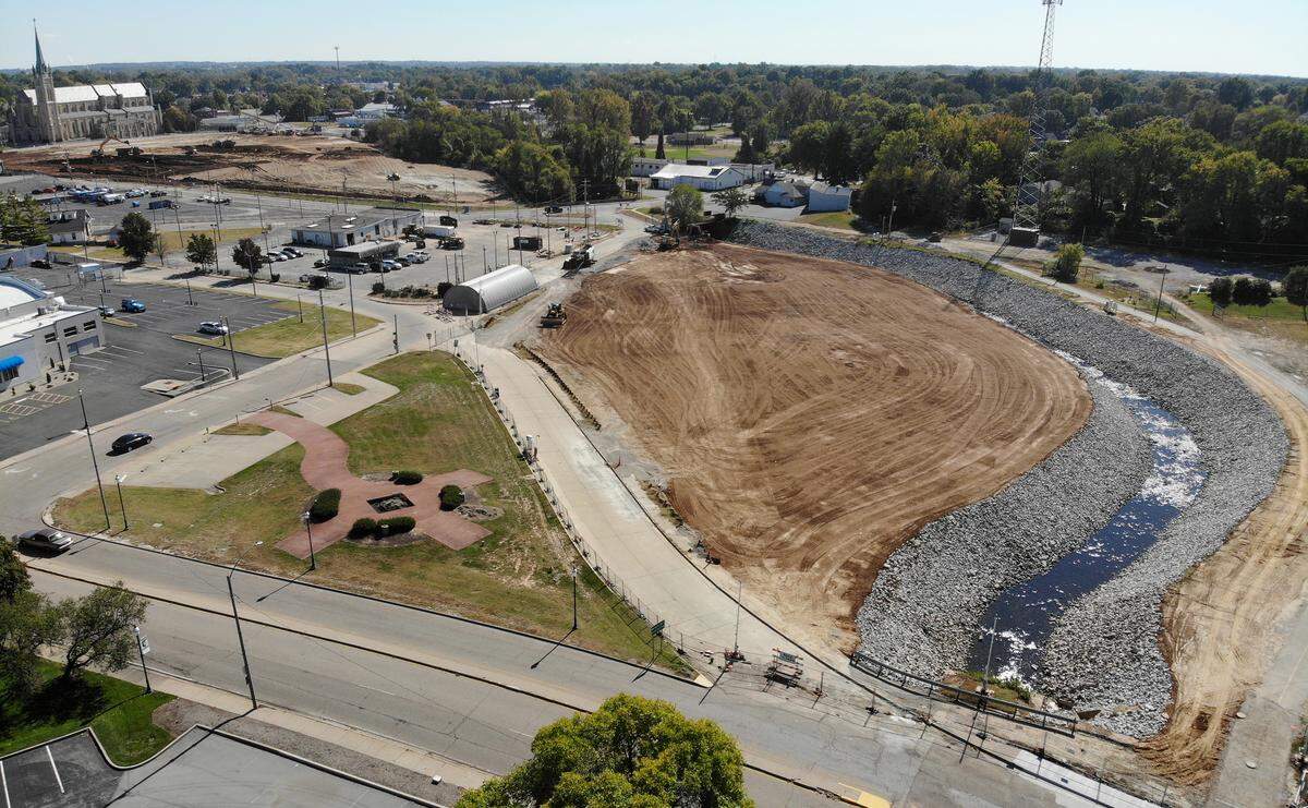 Work on the Ameren cleanup site in downtown Belleville is scheduled to be completed in June. The big white tents have been removed and Richland Creek is back in its original location after being rerouted during the cleanup project. Belleville will buy the former Jack Schmitt Chevrolet used car lot shown in the upper left side of this photo.
