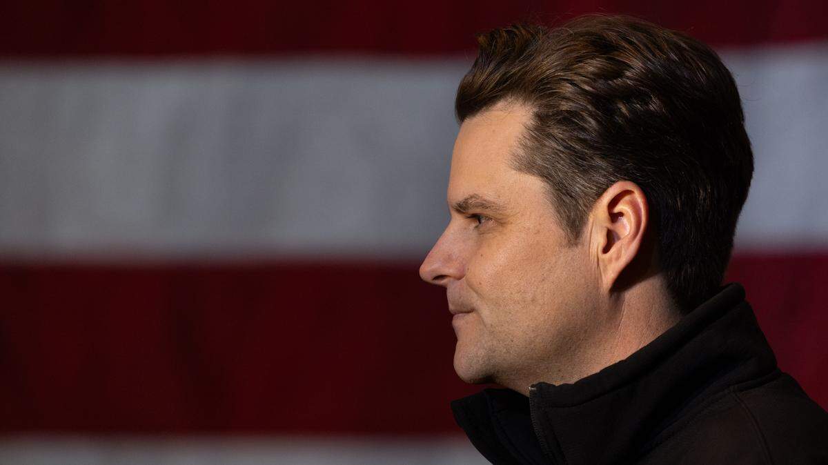 Matt Gaetz speaks at an event in Marion, Ill. on Feb. 16, 2024.