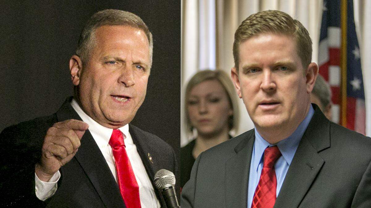 U.S. Rep. Mike Bost, R-Murphysboro, (left) has been criticized by Democratic St. Clair County State’s Attorney Brendan Kelly for taking campaign contributions from pharmaceutical companies.