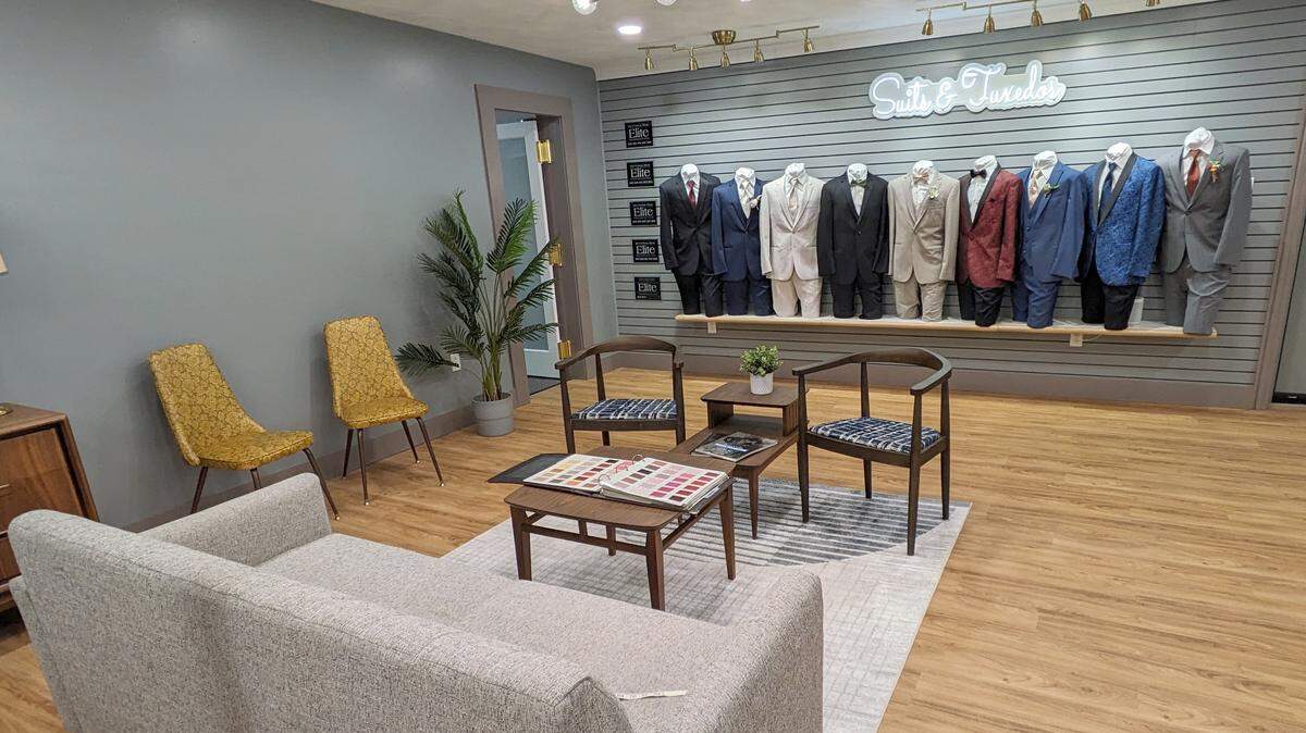 A stylish consultation area at Jim’s Suits & Tuxedos