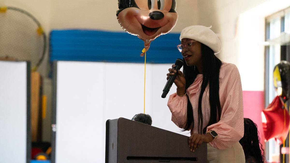 Principal Tryphena Cason gives awards for outstanding character during an assembly at Dr. Katie Harper Wright Elementary School in East St. Louis on Oct. 23, 2023.