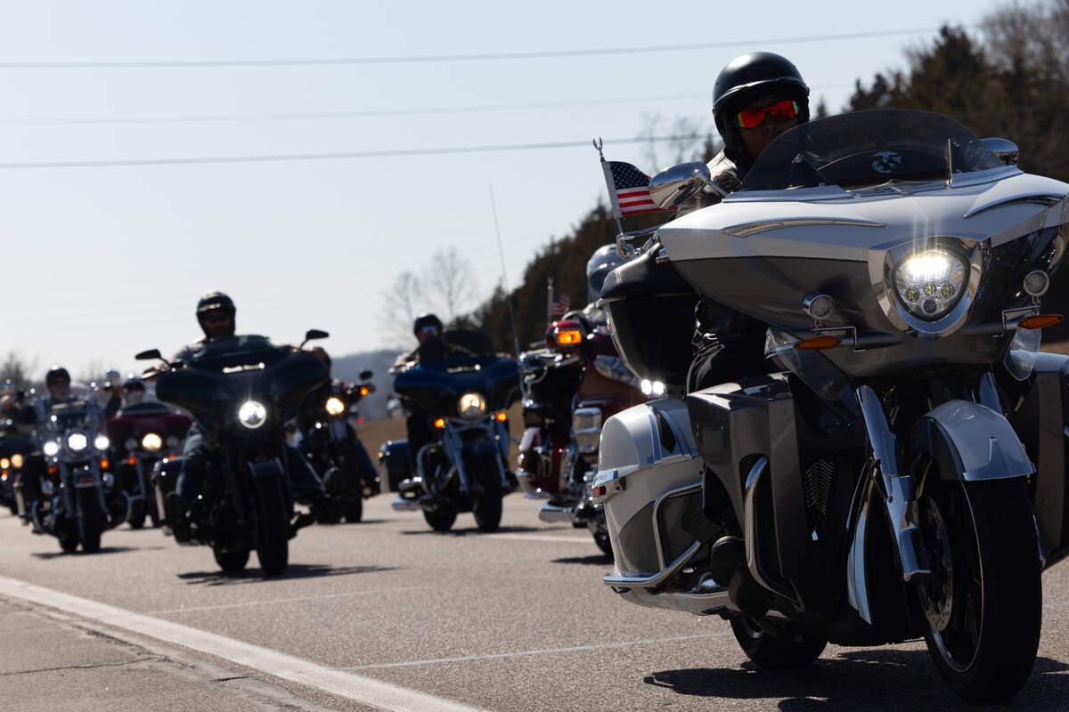 Motorcyclists from the metro-east and eastern Missouri ride through St. Louis to Cedar Hill, MO in a procession for a March 3, 2024 funeral for Sharli Edmonds and Chad Metcalf, who died in a house fire Feb. 24 in Cahokia Heights, Ill.