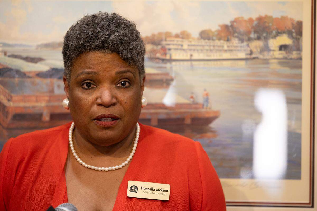 City of Cahokia Heights Chief of Staff Francella Jackson speaks in Granite City about recent federal spending cuts, which she called devastating.