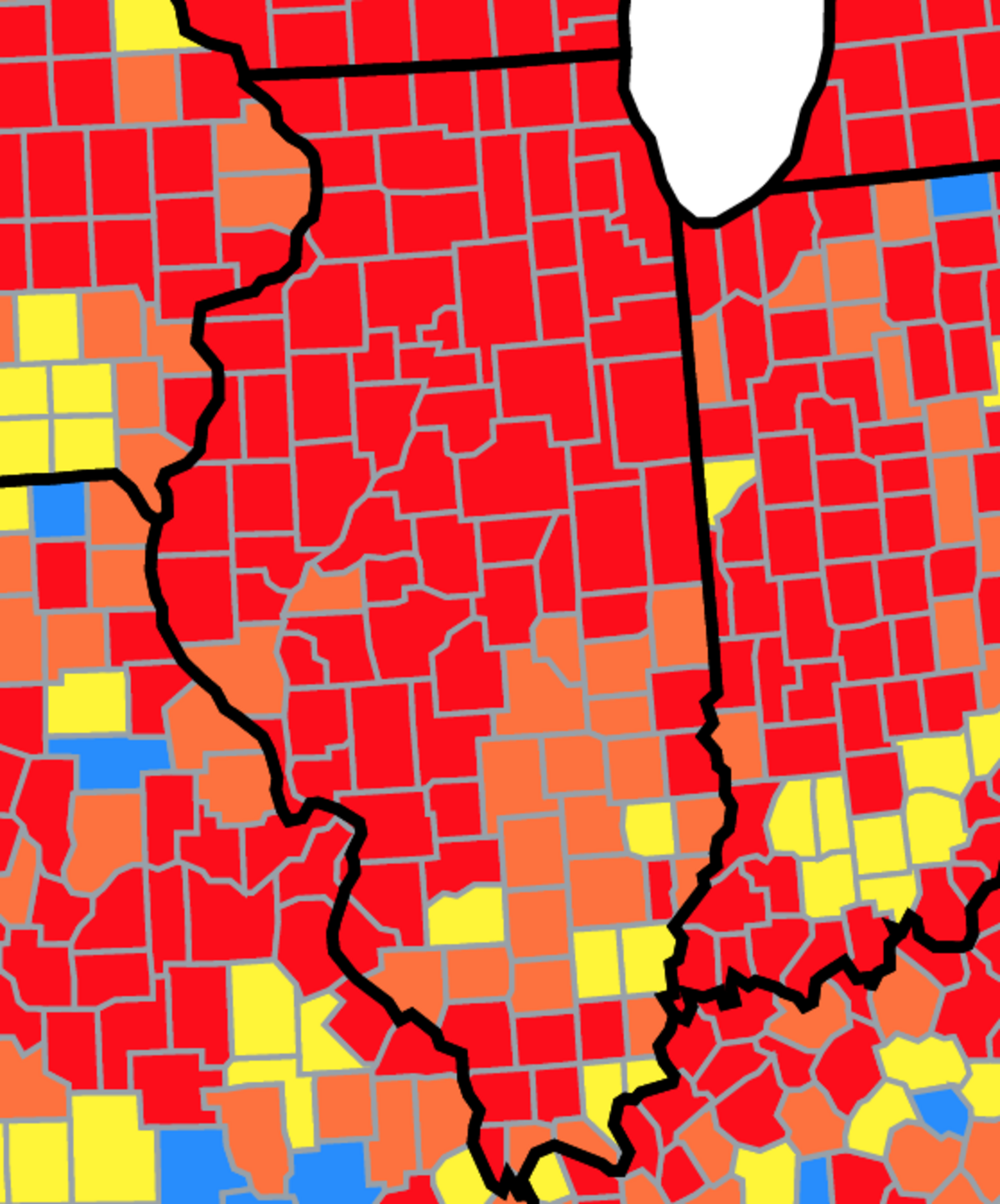 This map from the U.S. Centers for Disease Control and Prevention shows COVID-19 community transmission levels by Illinois counties as of May 20, 2022. Red indicates high, orange indicates substantial and yellow indicates moderate levels.