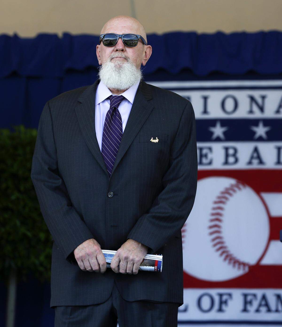 National Baseball Hall of Famer Bruce Sutter arrives for an induction ceremony at the Clark Sports Center on Sunday, July 24, 2016, in Cooperstown, N.Y. (AP Photo/Mike Groll)