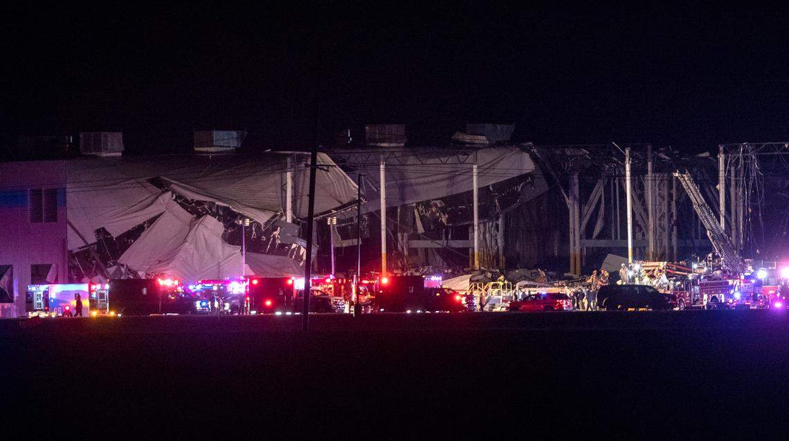 According to multiple sources, multiple people are trapped inside an Amazon warehouse on Gateway Commerce Drive in Edwardsville after a tornado moved through the area and a portion of the building collapsed.