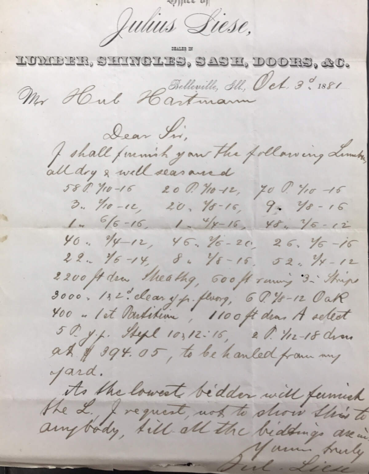 Artifacts at Liese Lumber Co. in Belleville include this 1881 estimate for lumber.