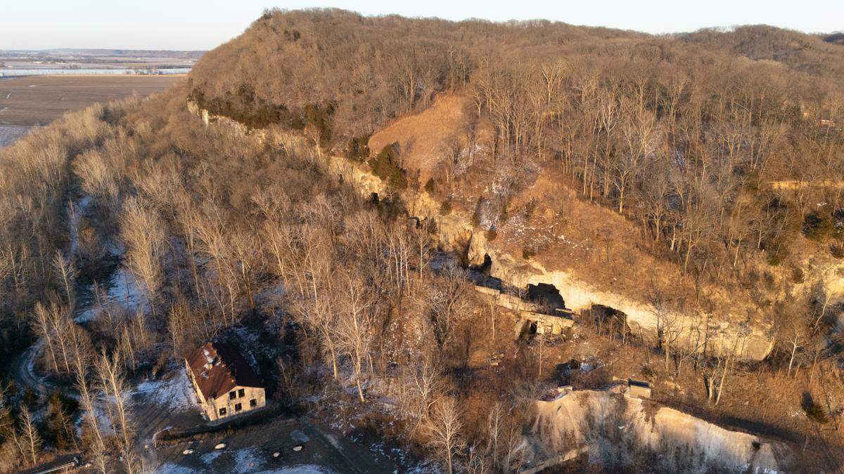 Drone photograph showing Salt Lick Point in Valmeyer, Ill. on Jan. 23, 2025. Eagles will occasionally rest on the cliff face as they search for pray in the valley and streams below.