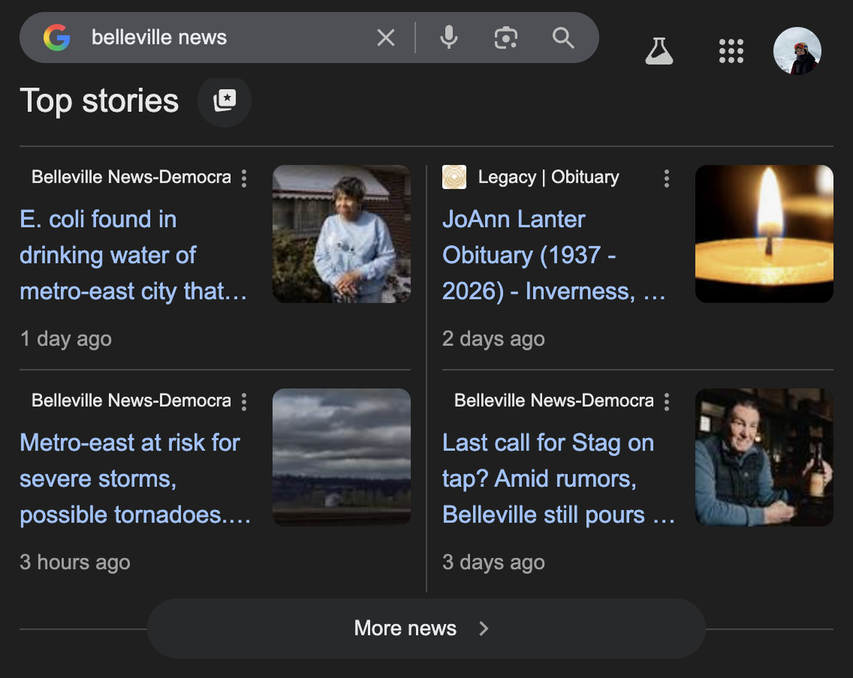This screenshot shows Google search results for top stories. You can add the Belleville News-Democrat to your “preferred sources” by clicking the icon to the right of “Top stories.”