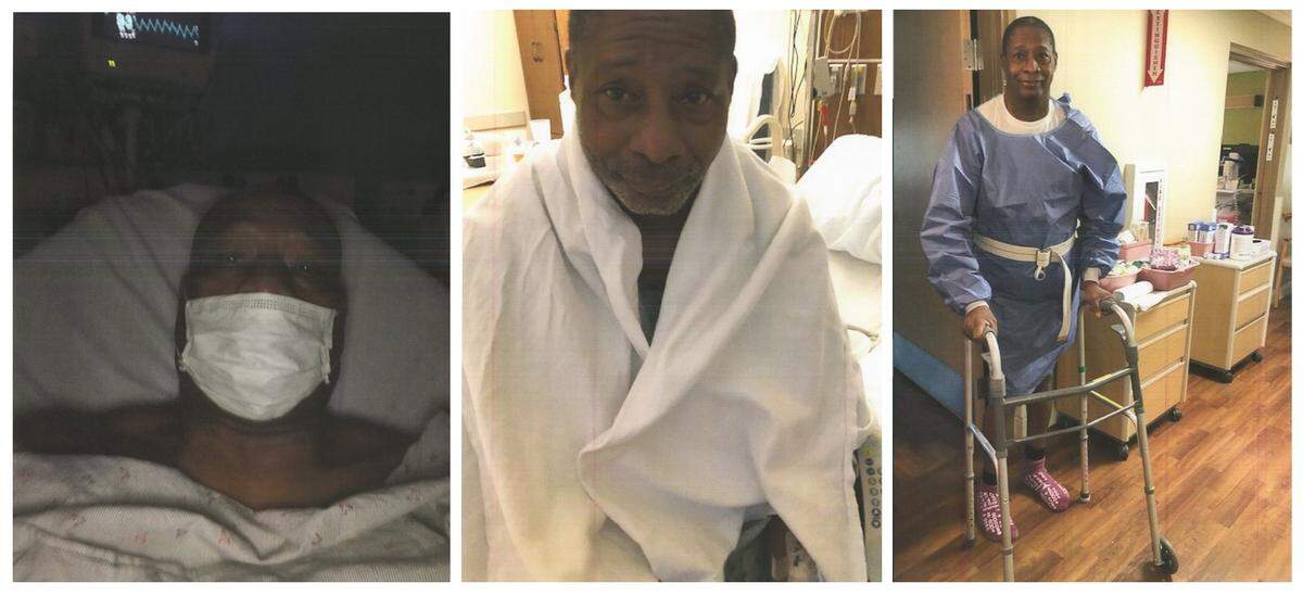 Kevin Anderson, left to right, wears a mask in bed on his second day at Memorial Hospital in Belleville, sits up the day after being taken off a ventilator and learns to walk again in late April.