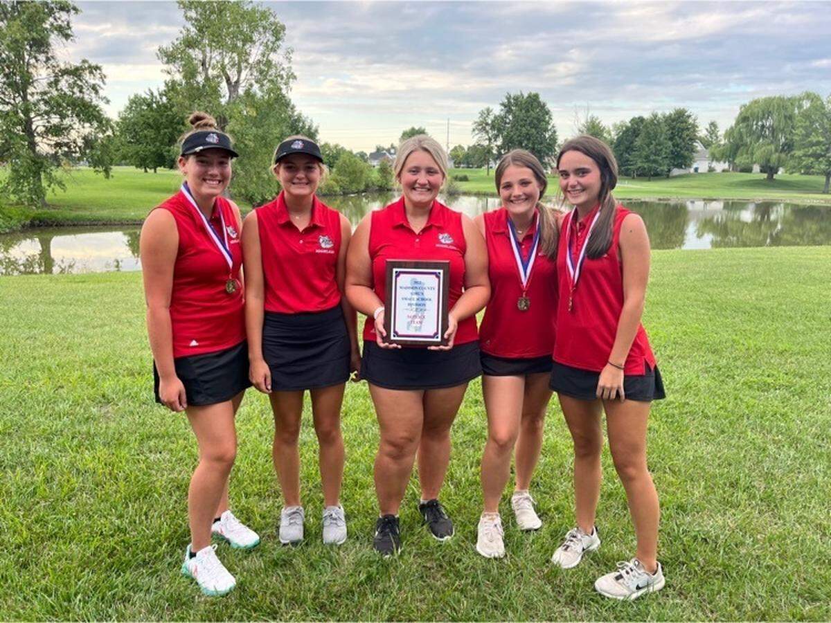 Pictured is the 2022 Highland girls golf team as they celebrate after their match win over Triad on Aug. 15 at Highland Country Club. HHS is off to a strong start this fall.