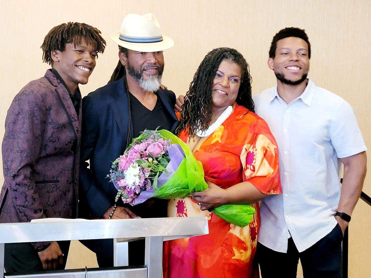 Carol Daniel and family. The KMOX talk show host and broadcast journalist retired from the St. Louis station in May 2023. Pictured, from left, are: Son, Marcus; husband, Patrick Sr , and son, Patrick Jr