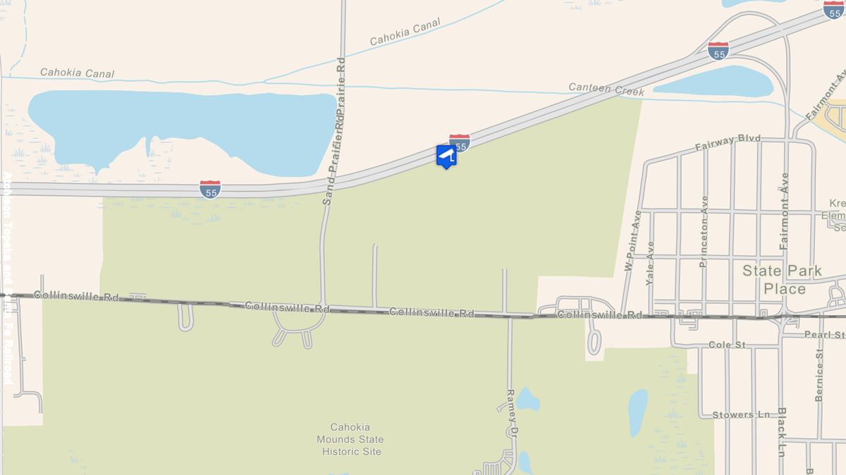 The blue marker at the center of the image shows Interstate 55 at milepost 8 near Collinsville, which was the site of a two-vehicle crash on Saturday morning.
