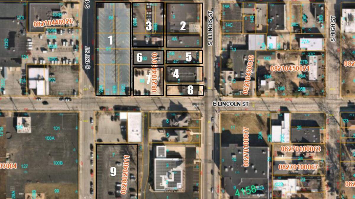 Property affected by the proposed Belleville City Market includes the St. Clair County garage (1), Belleville City Hall and its parking lot (2 and 3), the market building and its outdoor area (4 and 5), the county probation department and its parking lot (6 and 7), a privately-owned building (8) and a city-owned lot behind Bank of Belleville.