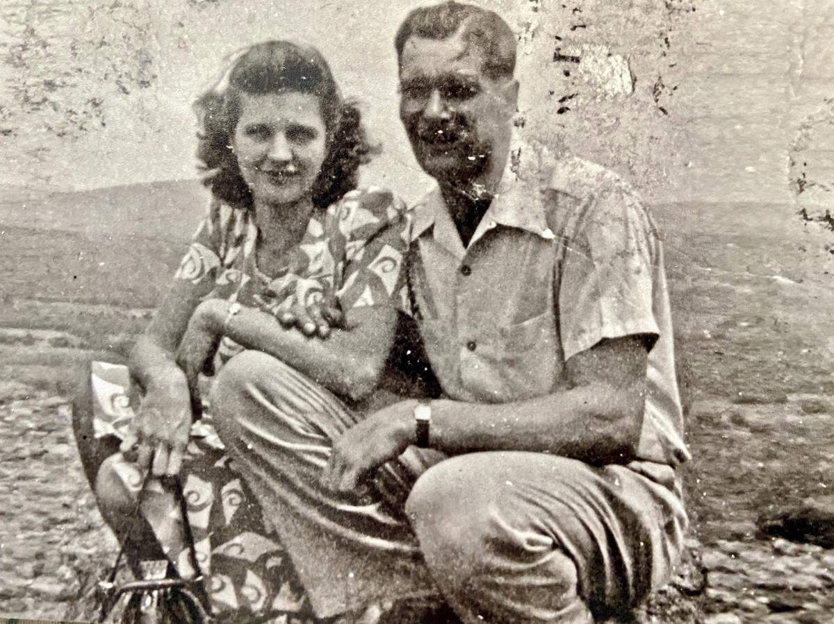 Mabel and her husband William Nollau on their first date. The photo’s damage is due William carrying it in his wallet for many years.