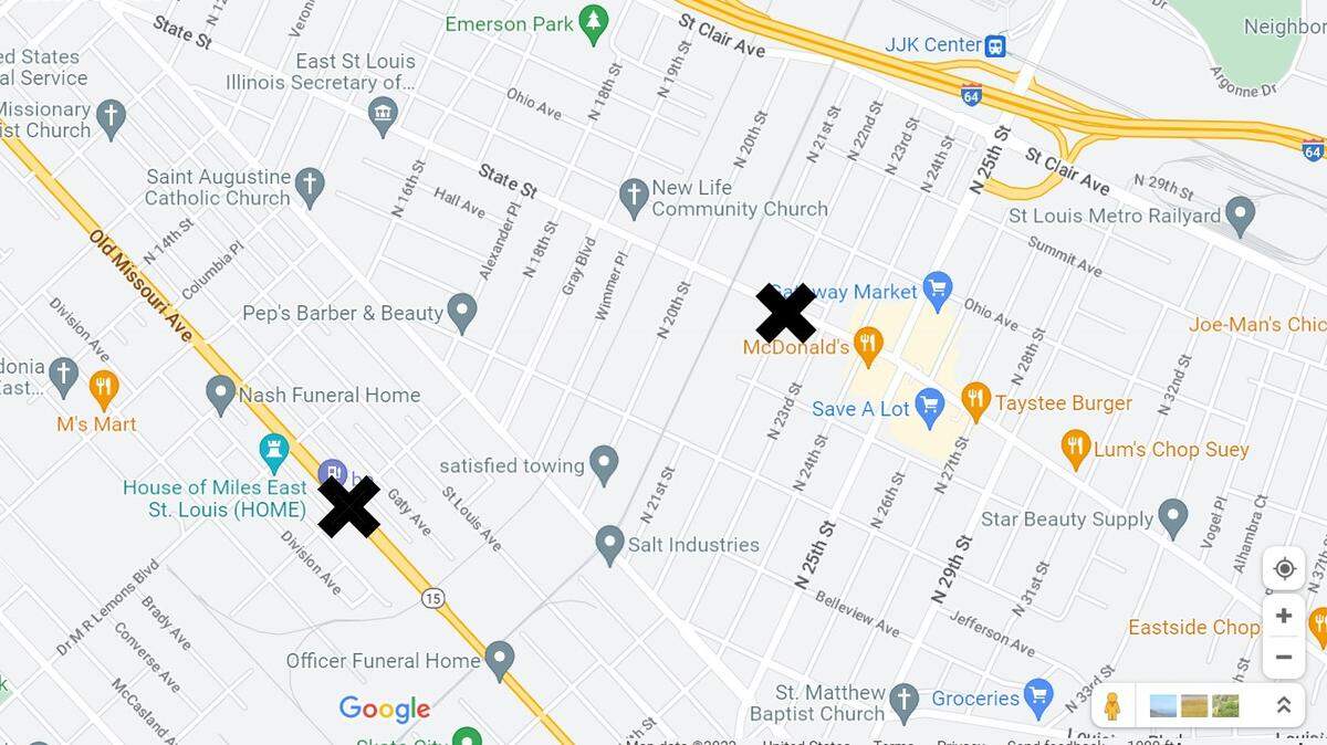 Two Xs mark the approximate locations of fatal shootings on Saturday in East St. Louis, one near 18th Street and Missouri Avenue and one in the 600 block of 22nd Street.