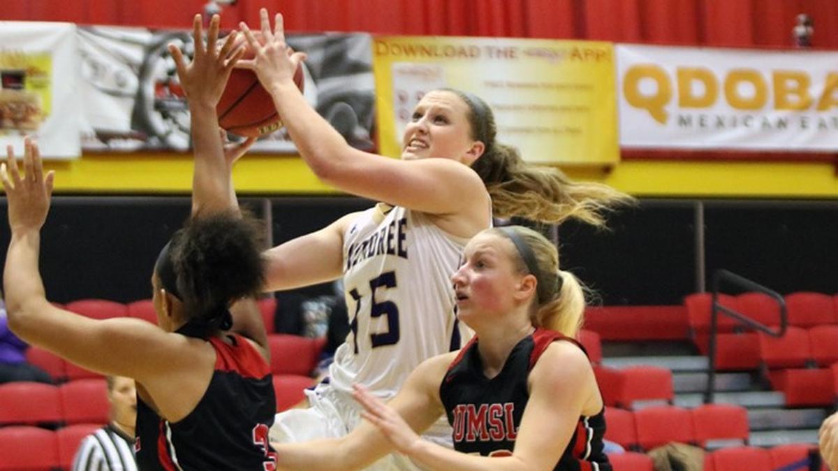 Sydney Diekhoff goes in for a basket in McKendree’s win over UMSL.