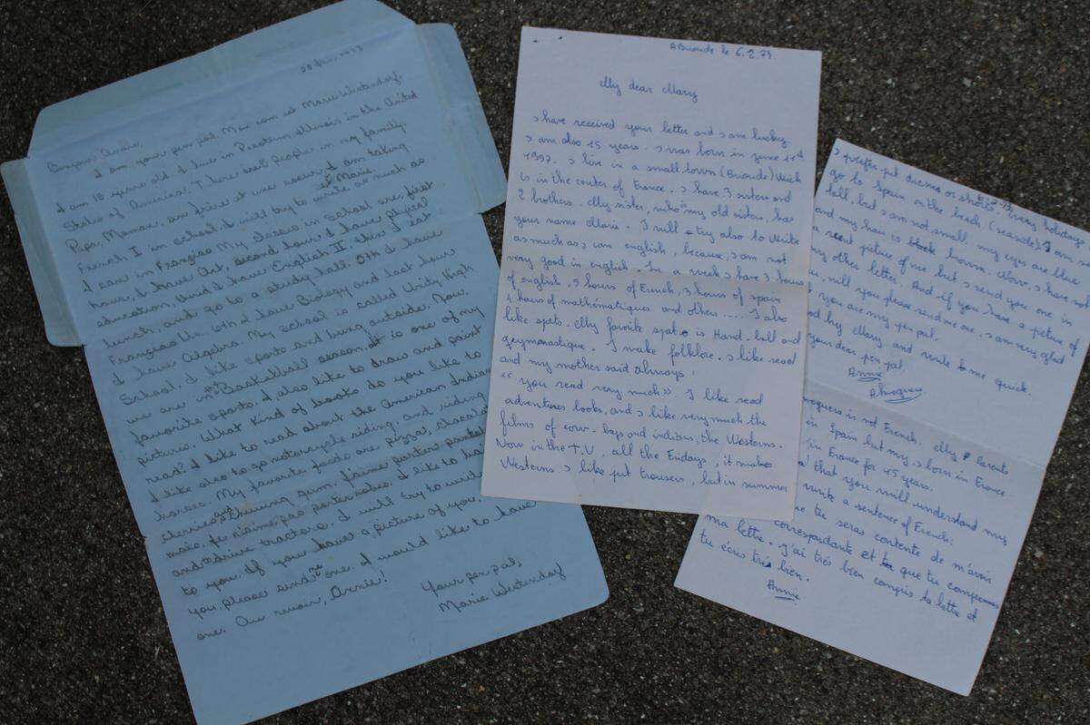 The former Mary Westendorf, of Pesotum, Illinois, sent her first letter to French pen pal Annie Almoguera on Jan. 25, 1973, left. Annie replied on Feb. 6 (6-2-73 in French).