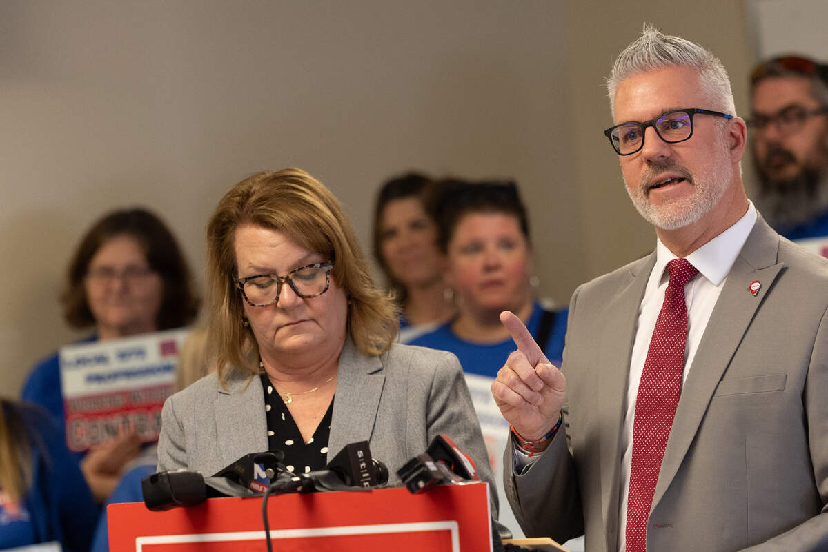 Union leaders Ray Roskos and Wendy Lochmann speak during a March 18 news conference in Fairview Heights regarding The Cahokia Federation of Teachers Local 1272 and their complaints with district leadership.