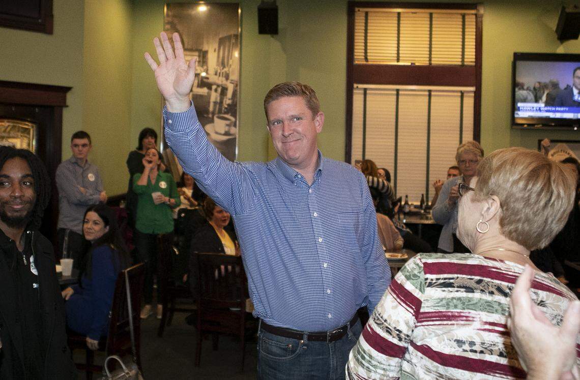 Illinois 12th Congressional District candidate Brendan Kelly is welcomed by supporters at his election night event in Belleville.