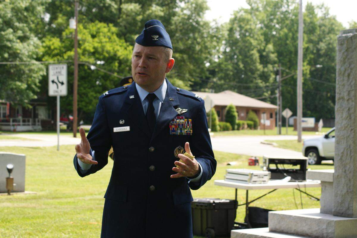 U.S. Air Force Col. Raymond Clydesdale speaks during the Belleville Memorial Day Ceremony at Walnut Hill Cemetery Monday. Clydesdale is the commander of the 375th Medical Group at Scott Air Force Base.