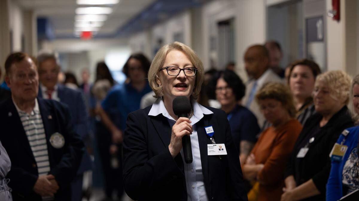 Memorial HealthCare CEO Deborah Graves speaks to a crowd of nurses, politicians and investors at the unveiling of the hospital’s new ICU wing.