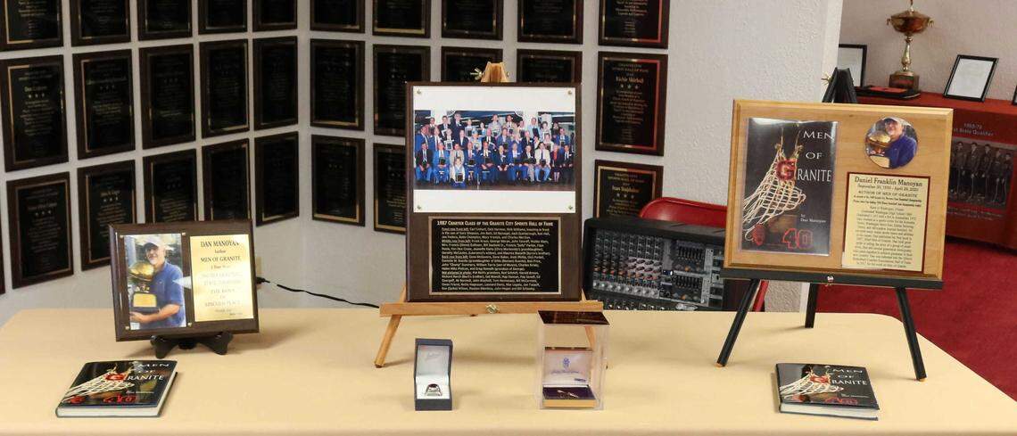 People who attended a meeting Saturday at the Granite City Sports Hall of Fame saw a display honoring the late Dan Manoyan, who wrote the book “Men of Granite” in 2007.