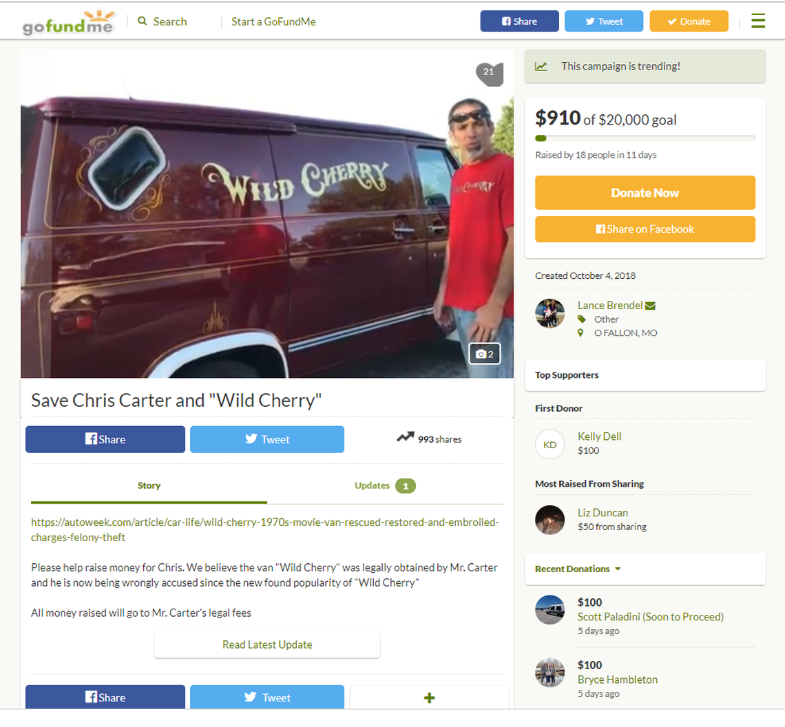 Chris Carter’s supporters have started a second GoFundMe campaign to raise money for his legal fees. He was arrested Oct. 3 on charges of stealing the Wild Cherry van.