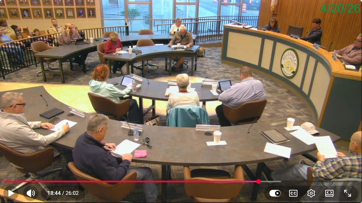A screenshot of Belleville City Council meeting video from April 20 shows that 10 out of 16 alderpersons were present, not enough to approve budget amendments that require a 2/3 vote.
