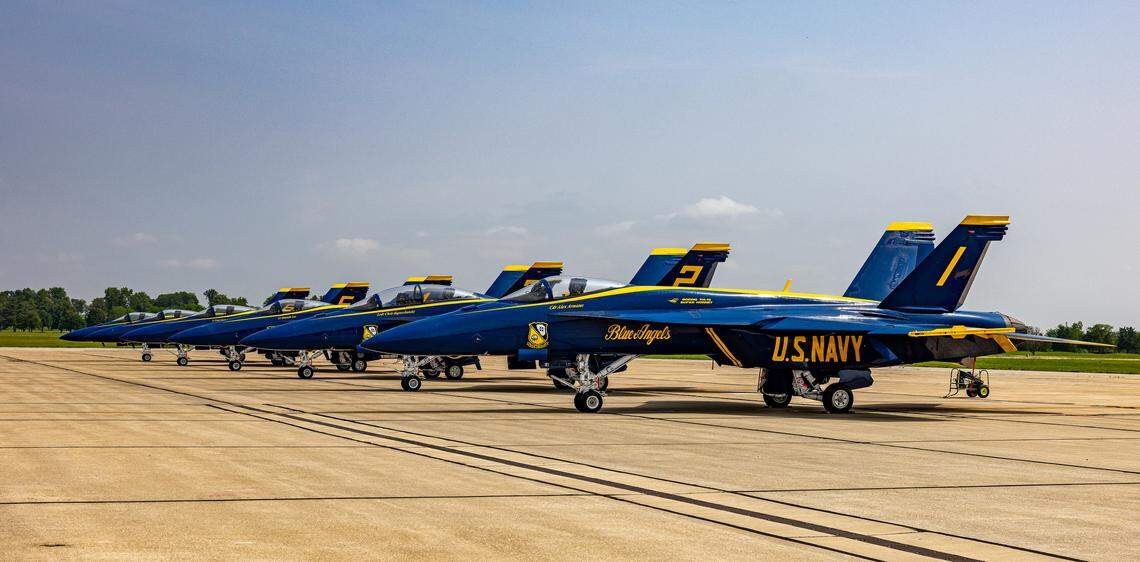 The U.S. Navy Blue Angels are pictured Saturday prior to the Scott Air Force Base Airshow. The airshow drew thousands of spectators and included the MiG-17 Randy Ball; P-51 Mustang, Heritage Flight, F-22 Demo; Extreme Flight Pitts S1-S; as well as the Blue Angels. The event will continue Sunday.
