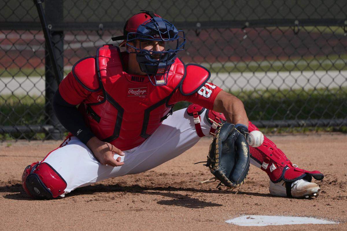 Feb 15, 2025; West Palm Beach, FL, USA;  Washington Nationals catcher Drew Millas (81) catches a bullpen session during Spring Training. Mandatory Credit: Jim Rassol-Imagn Images