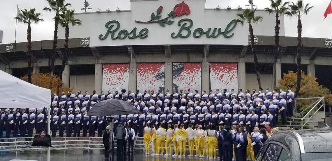 The O’Fallon Township High School Marching Panthers are pictured in front of the Rose Bowl in Pasadena, California. The Marching Panthers took part in the 108th annual Tournament of Roses Parade where they played Journey’s “Don’t Stop Believing” and W.C. Handy’s “St. Louis Blues” as they marched the 5.5-mile parade route down Colorado Boulevard as one of the 15 invited bands on New Year’s Day.