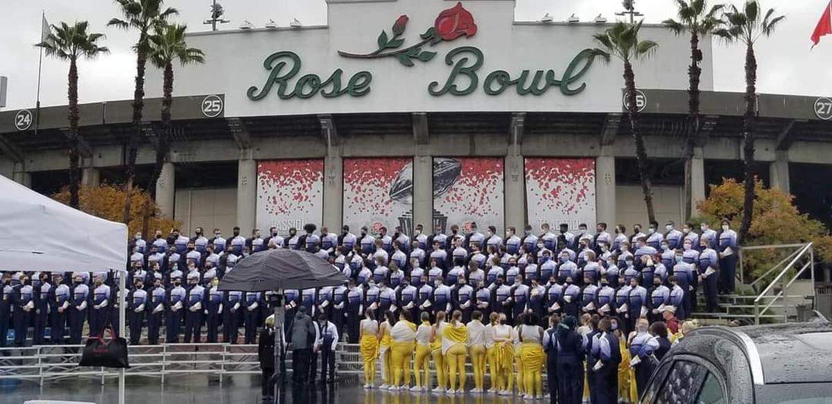 The O’Fallon Township High School Marching Panthers are pictured in front of the Rose Bowl in Pasadena, California. The Marching Panthers took part in the 108th annual Tournament of Roses Parade where they played Journey’s “Don’t Stop Believing” and W.C. Handy’s “St. Louis Blues” as they marched the 5.5-mile parade route down Colorado Boulevard as one of the 15 invited bands on New Year’s Day.