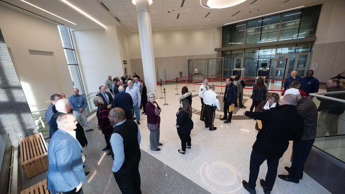 Inside the new lobby at the western end of the St. Clair County Courthouse.