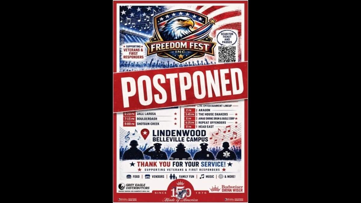 A “POSTPONED” banner was added to a poster advertising Freedom Fest in Belleville after organizers decided not to hold the two-day music festival on Friday and Saturday, June 26-27.