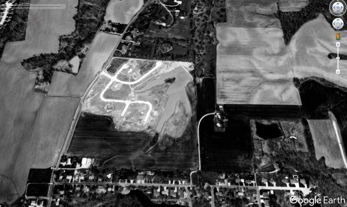 This Google Earth screen captures shows the Taylor Lake Estates subdivision in Troy under construction in 1998.